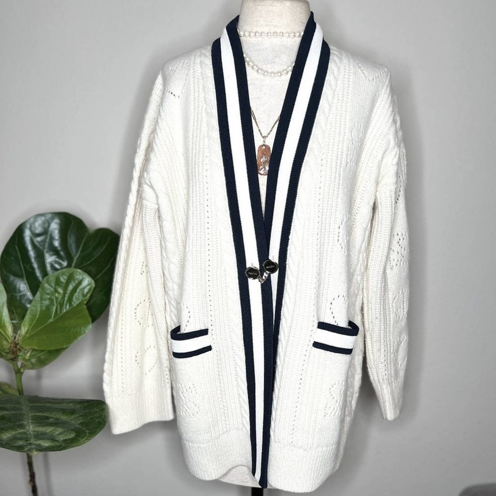 SANDRO PARIS "Pointelle Knit Coatigan" Cardigan Cable Nautical Trim